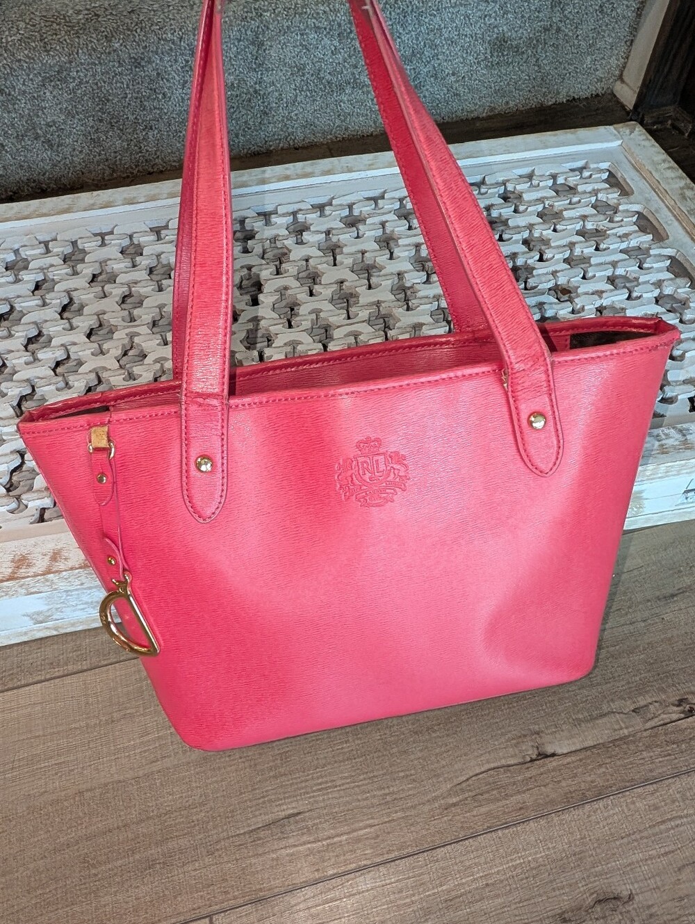 Ralph Lauren Coral Pink Leather Tote with Gold Accents